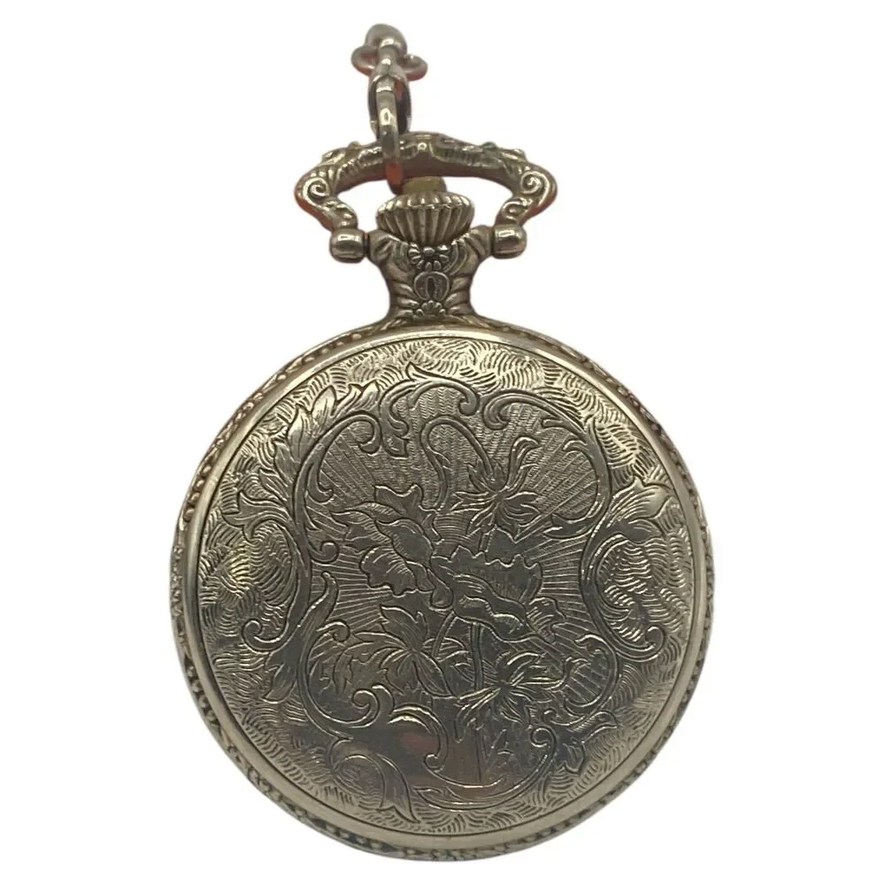 Vintage Unitron Silver Tone Quartz Pocket Watch Hunting Scene New Battery